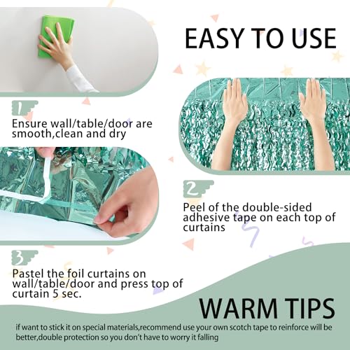3 Pack Teal Wavy Foil Fringe Curtains 3.3ft x 6.6ft Metallic Backdrop