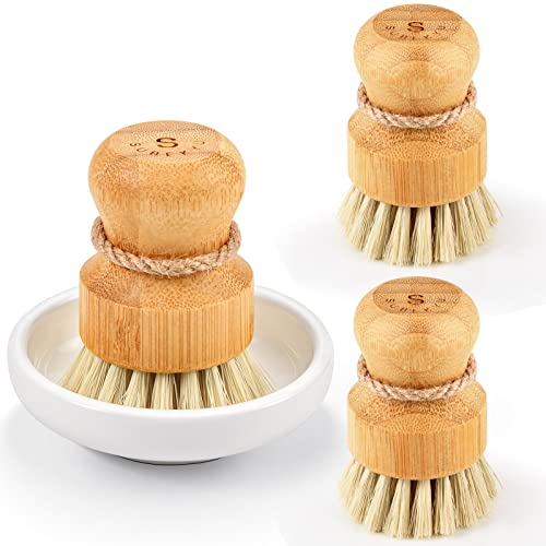 Bamboo Dish Scrub Brush Set with Ceramic Holder & Sisal Bristles - 3 Pack