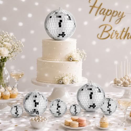 4 PCS 6'' 4'' 3.15'' 2.4''Large Silver Disco Ball Hanging Decoration