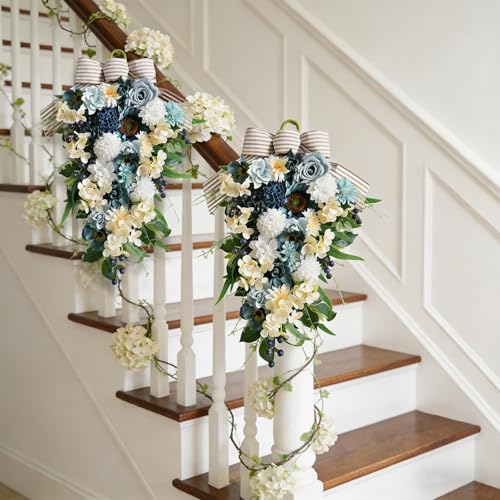 25-Inch Artificial Floral Door Swag with Blue Roses and White Hydrangeas