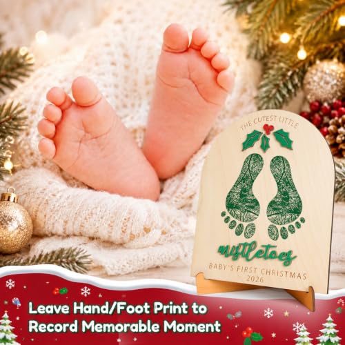 Kingduhu The Cutest Little Mistletoes Baby's First Christmas 2025 Footprint Board - Xmas FootPrint (Personalized Nursery Photo Prop, Wooden Keepsake)