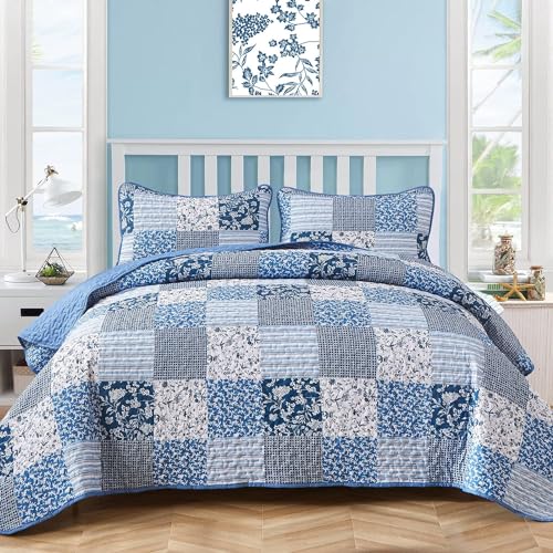 California King Blue Floral Quilt Set - 3 Piece Reversible Bedding