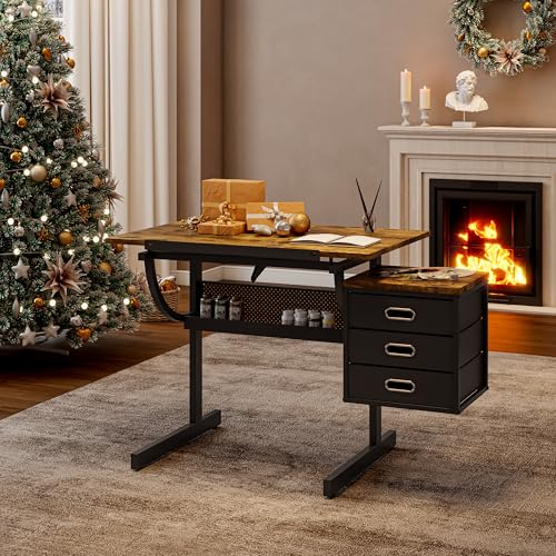 Adjustable Drafting Table with Stool - Tilting Art Desk with 3 Drawers