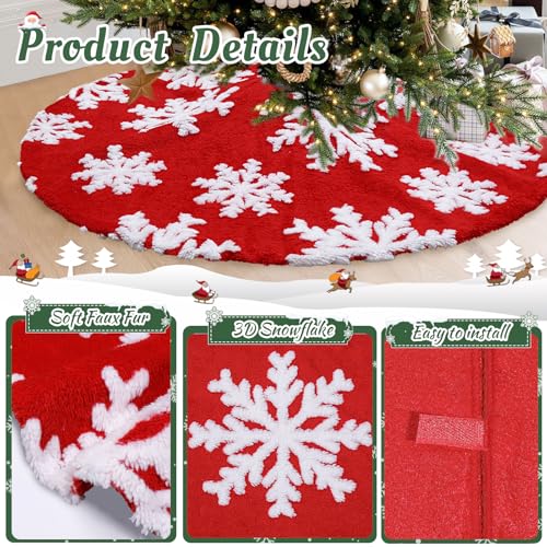 Red 24 Inch Faux Fur Snowflake Christmas Tree Skirt - Indoor Outdoor Holiday Decor
