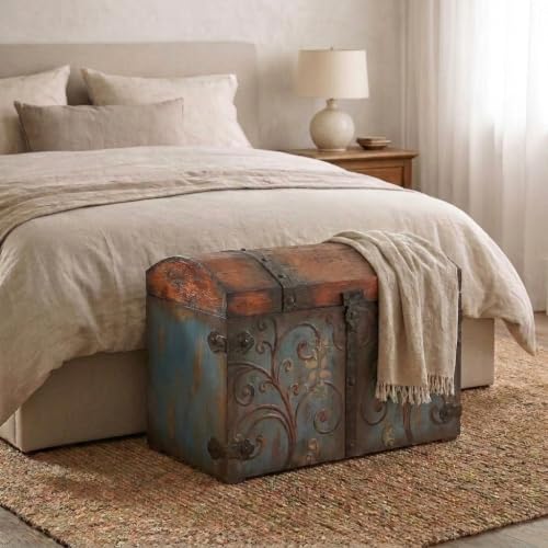 Large Vintage Wood Storage Trunk with Floral Design and Metal Accents