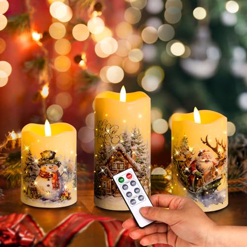 QRF Snowman Christmas Flameless Candles with Remote – Battery-Operated Fiber Optic 3D Wick