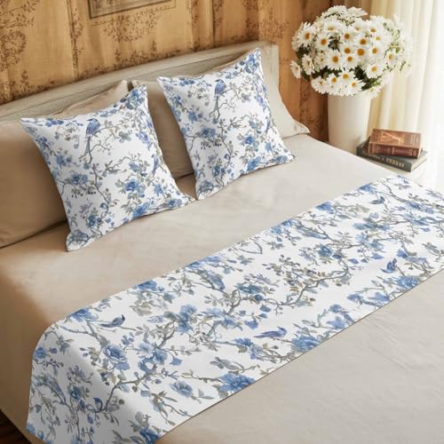 Birchloom Blue Floral Birds King Bed Runner Set with 2 Pillow Covers