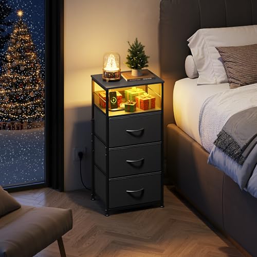 3-Drawer LED Nightstand with Charging Station, Bedside Table with USB Ports