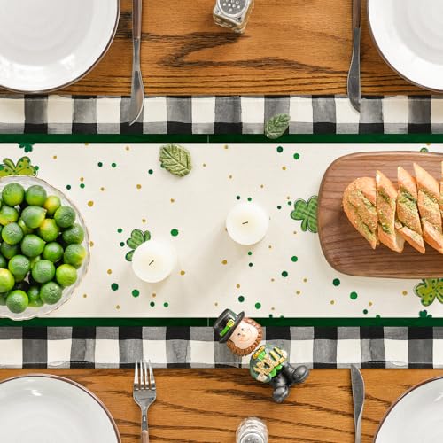 Artoid Mode Buffalo Plaid Gnome St. Patrick's Day Table Runner 13x72 Black/White