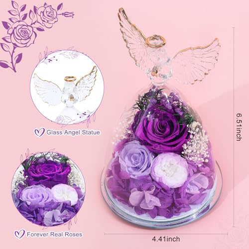 Preserved Rose Glass Angel Figurine with LED Lights - Forever Flower Gift Box