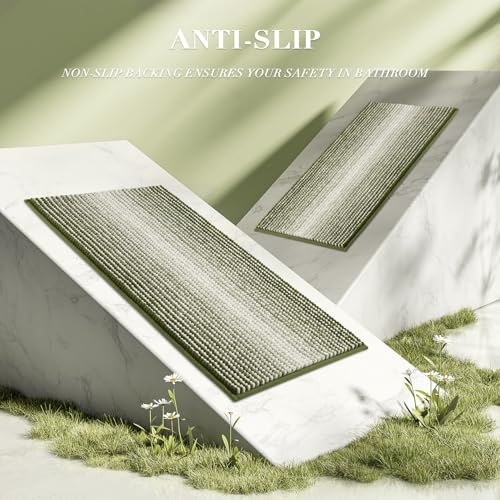 BSICPRO 2-Piece Chenille Bathroom Rug Set, Sage Non-Slip Shaggy Floor Mats