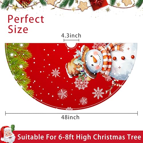 Casuru Red 48-Inch Snowman Christmas Tree Skirt | Let It Snow Holiday Tree Mat