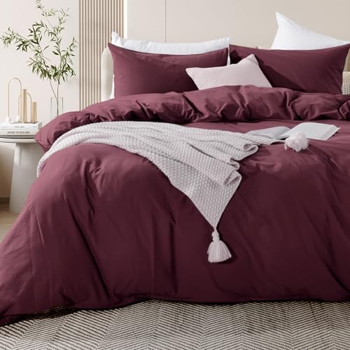 100% Washed Cotton Duvet Cover Set - Queen Size Burgundy 3-Piece Bedding