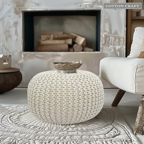 Hand Knitted Round Cotton Pouf - 20x14 Inch Ivory Floor Ottoman Footrest