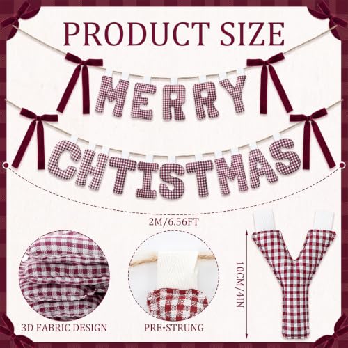 Merry Christmas Banner with Gingham Pattern - Pre-Strung Burgundy Garland, 3D Cotton Decor