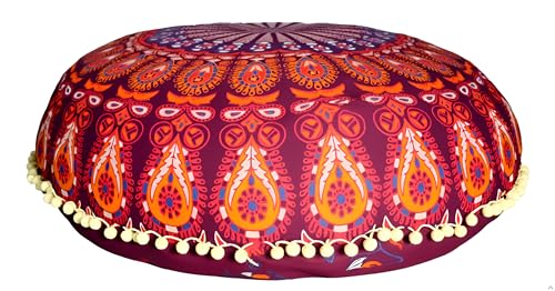 32-Inch Round Bohemian Floor Pillow Cover, Boho Mandala Cotton Cushion Case