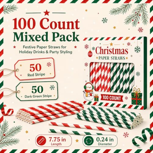 NINU 100 Pack Christmas Paper Straws - Red & Dark Green Striped (Variation: Christmas-C)