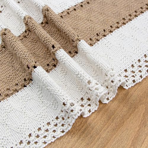 FEXIA Cream & Brown 12x72 Boho Table Runner – Fall Farmhouse Woven