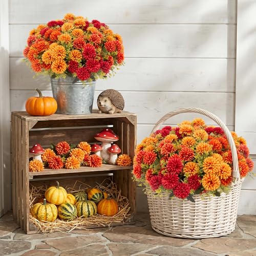 12 Pack Outdoor Artificial Fall Flowers - UV Resistant Fake Chrysanthemums
