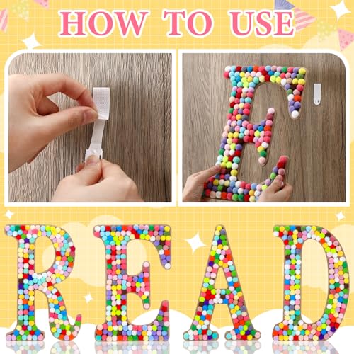 4-Piece Wooden READ Wall Sign with Pom Pom Accents for Reading Corners