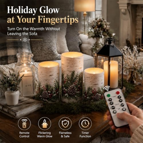 Winter Birch Flameless Candles Set - 3 Color-Changing LED Pillars with Remote