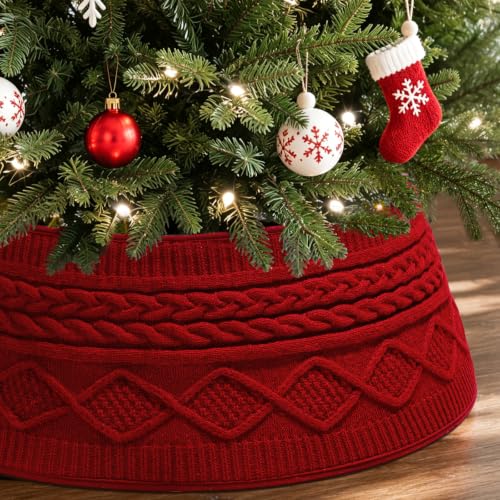 UXORSN 28 Inch Red Knitted Christmas Tree Collar Rustic Cable Knit Tree Skirt