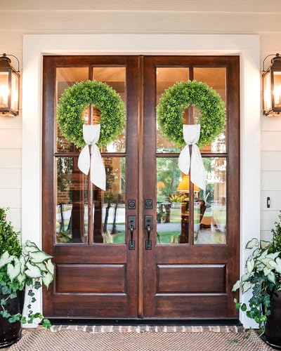 22-Inch Artificial Boxwood Wreath with Sash - UV Resistant Outdoor Decor