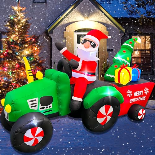 7FT Christmas Inflatable Santa Driving Tractor with Gifts & Lights