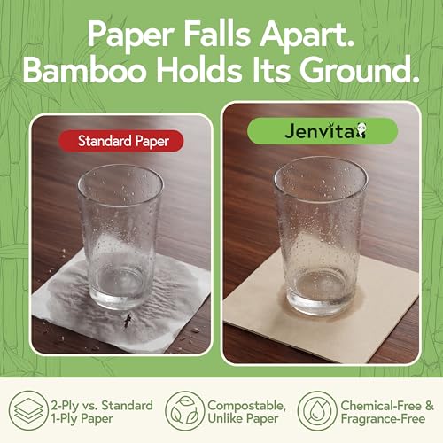 Jenvita 250 Pack Bamboo Cocktail Napkins 2-Ply 4.5 x 4.5 Inch Eco Friendly
