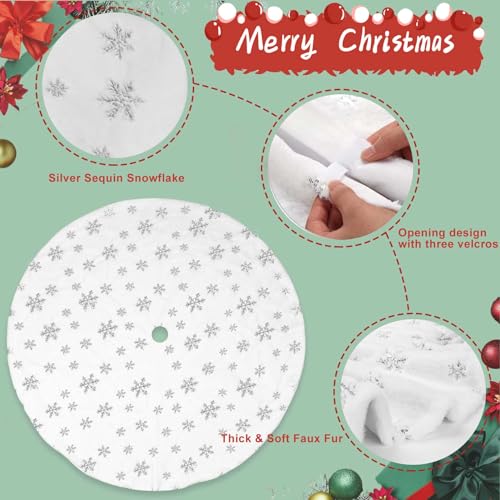 Sayrrame White & Silver 48 Inch Faux Fur Christmas Tree Skirt with Silver Sequin Snowflakes