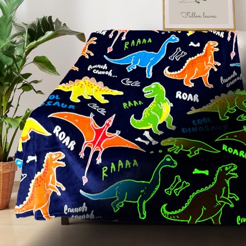 Glow in the Dark Dinosaur Throw Blanket for Kids, Soft Fleece 40x50 Inch