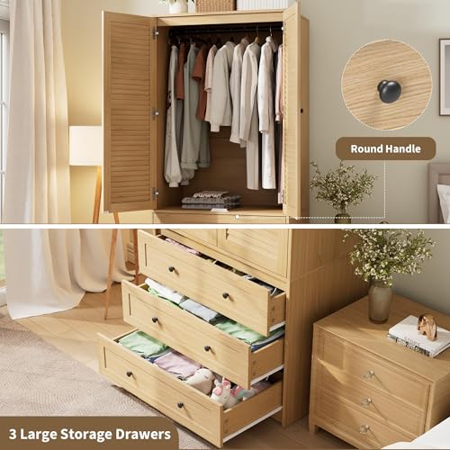 70-Inch Modern Wooden Wardrobe Armoire with 3 Drawers and Hanging Rod