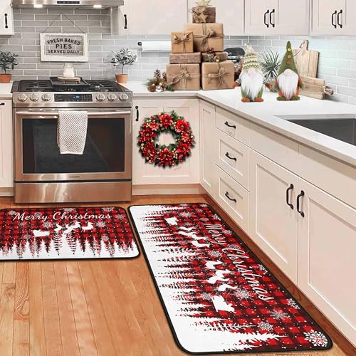 OXIUAZ Buffalo Plaid Xmas Kitchen Rug Set 2 - 17x47" & 17x30" White Snowflake
