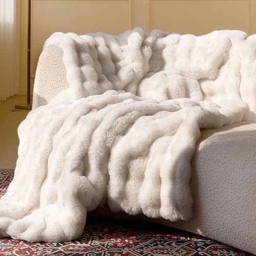 Ultra Soft Faux Fur Bubble Throw Blanket for Couch & Bed - 50x60 Cream White