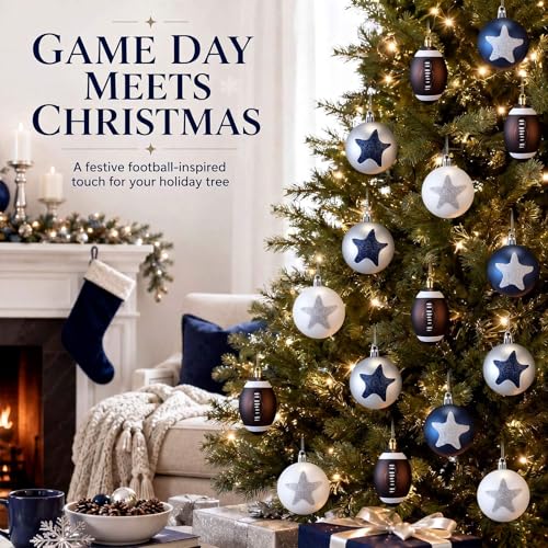 Norme Football Christmas Ornaments Set - Blue & White 2.4 Inch, 12 Pack