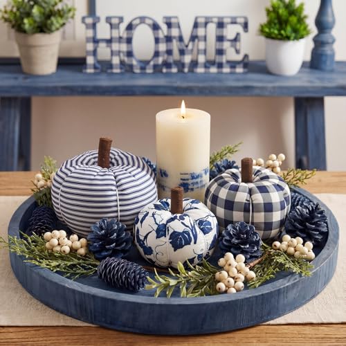 3-Piece Blue and White Fabric Pumpkin Set for Farmhouse Fall Decor