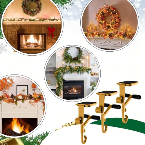 Adjustable Fireplace Stocking and Garland Hanger, 3-Pack Gold Metal Hooks