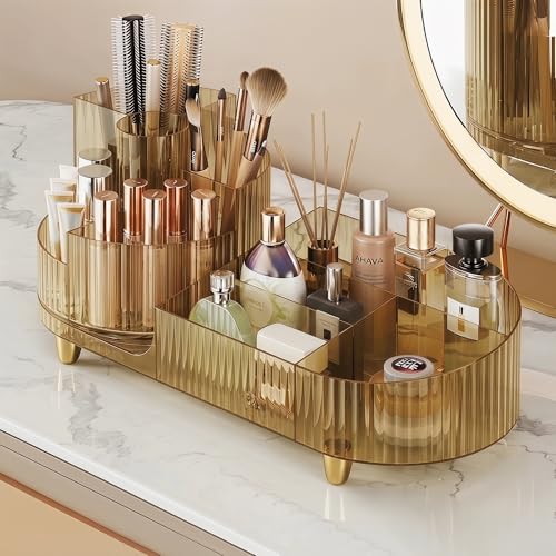 Booklov Crystal Amber Rotating Makeup Organizer with Tall Bottle Storage - L01 Variant