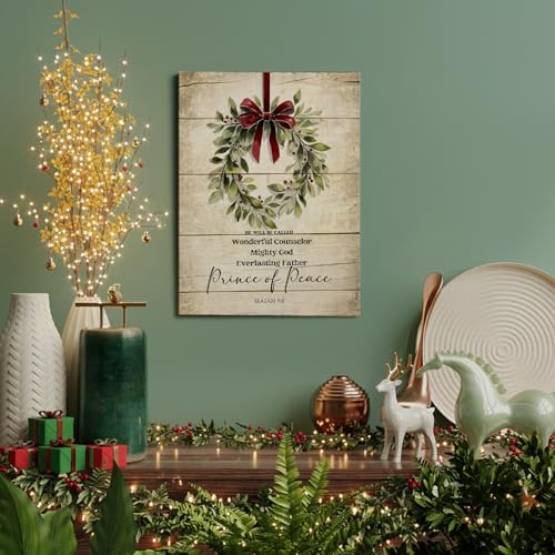 Voxitura Oak Wreath Vintage Christmas Wall Art Canvas 12x15in with Isaiah 9:6 Bible Verse