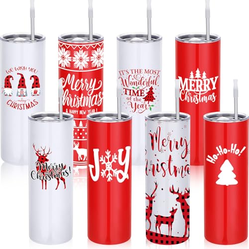 8 Pack Christmas Insulated Stainless Steel Water Bottles with Lids & Straws - 20 oz Travel Mugs for Gifts