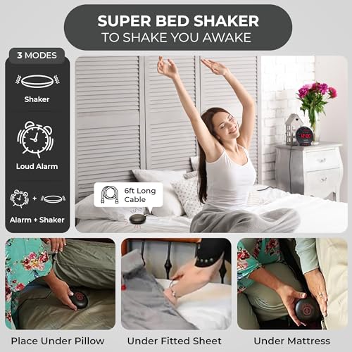 Extra Loud Dual Alarm Clock with Bed Shaker for Heavy Sleepers, Black