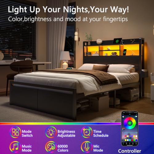 Full Size Metal Platform Bed Frame with LED Headboard, Charging Station & Drawers