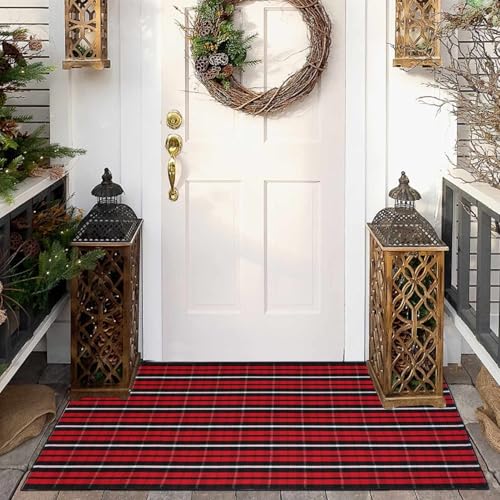 Christmas Red & Black Plaid Rug 3x5 ft Indoor/Outdoor Hand-Woven Cotton Layered Rug