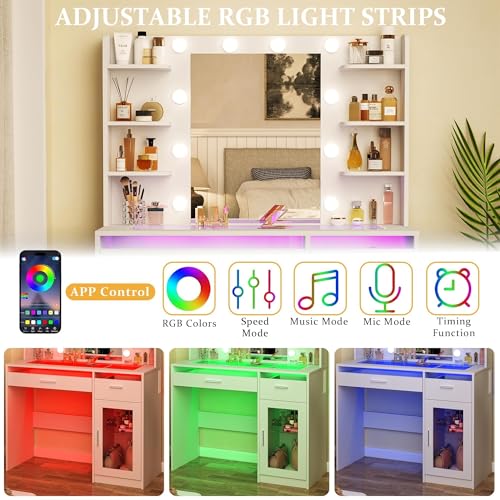 Makeup Vanity Desk with Mirror, LED Lights, Power Outlet and Storage Drawers