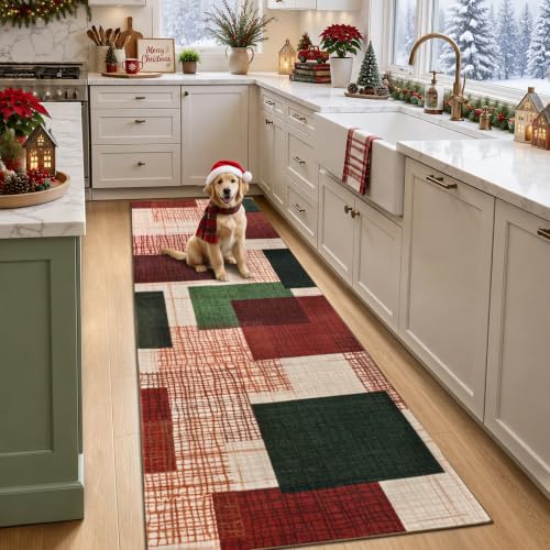 Ailyei Red-Green 2' x 6' Washable Christmas Runner Rug - Hallway & Kitchen