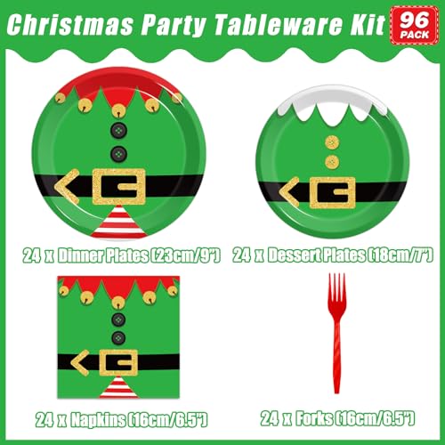 Elf Christmas Party Plates & Napkins Set (96Pcs) - Includes 24 Dinner Plates, 24 Dessert Plates, 24 Napkins & 24 Forks (Variation: Elf) - KEPEEL