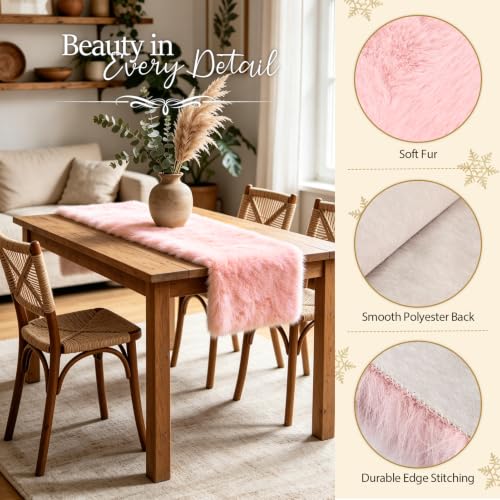 MAOFENG Pink Faux Fur Table Runner 59.1 Inch - Luxury Christmas Home Decor