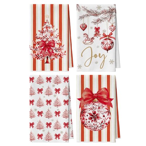 Artoid Mode Red Stripe Xmas Tree Ornament & 12x24 Inch Microfiber Kitchen Towels Set of 4