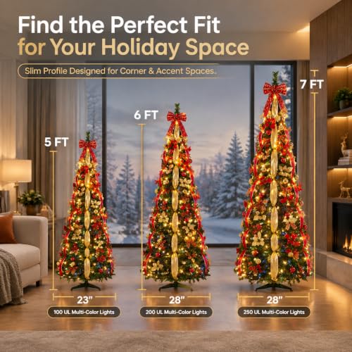Skasii 7FT Red Pop Up Christmas Tree with LED Lights - Fully Decorated