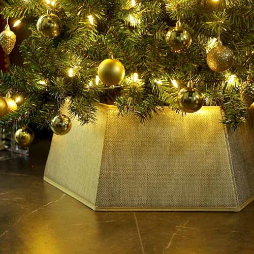 Blissun Gold Shiny Fabric Christmas Tree Collar, Hexagonal Tree Ring